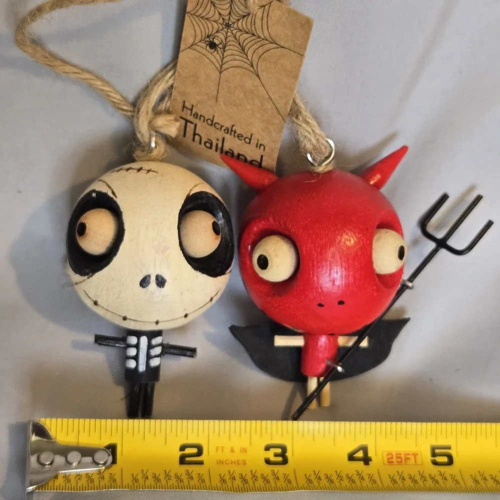 Pier 1 Halloween Devil Skeleton Ornaments Wood Handcrafted Thailand Set of 2